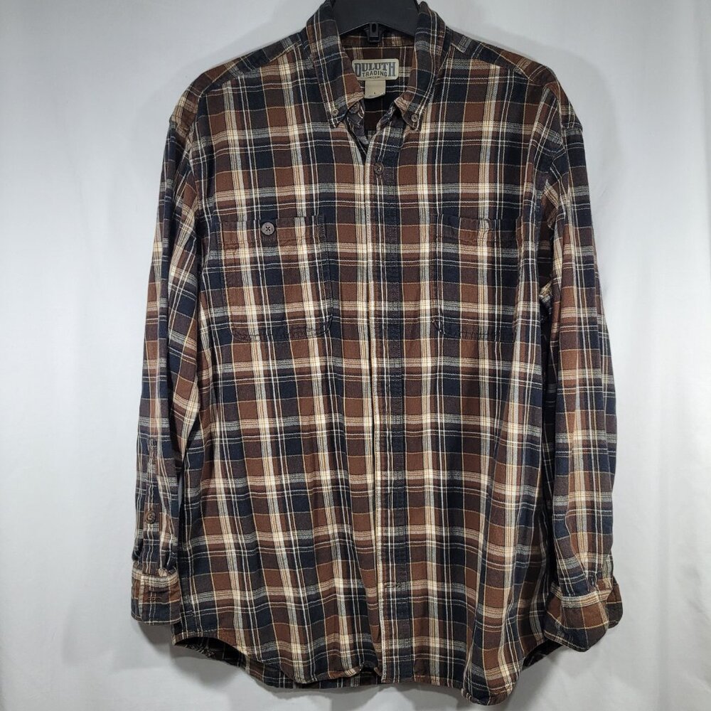 Duluth Trading Co Brown Navy and Cream Plaid Button-Down Shirt